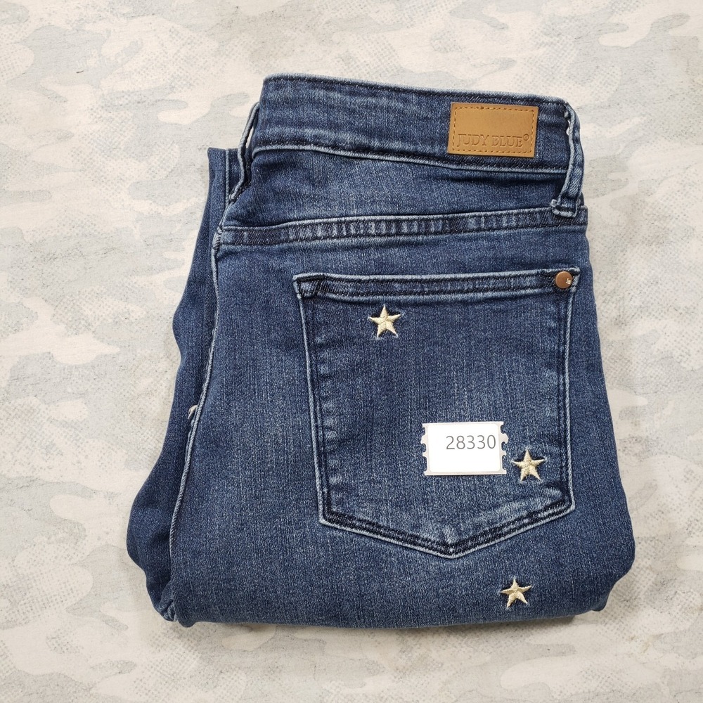 Judy Blue Jeans Womens 15/32 Blue Embroidered All Over Stars Skinny Medium Wash - Picture 11 of 11